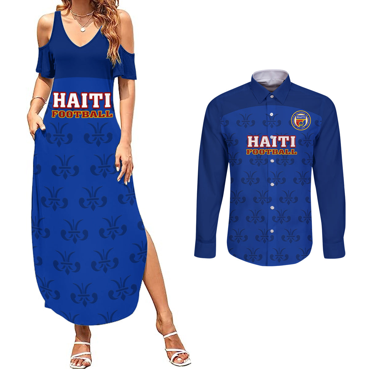 haiti-football-couples-matching-summer-maxi-dress-and-long-sleeve-button-shirts-les-grenadieres-2023-world-cup-blue-version