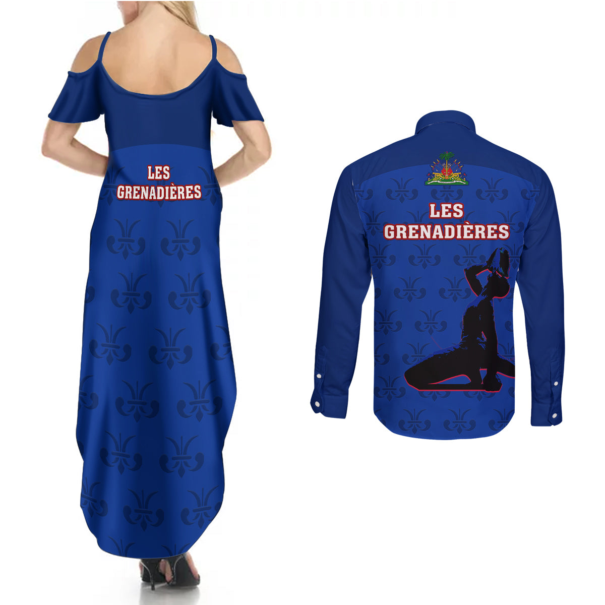 Haiti Football Couples Matching Summer Maxi Dress and Long Sleeve Button Shirts Les Grenadieres 2023 World Cup Blue Version - Wonder Print Shop