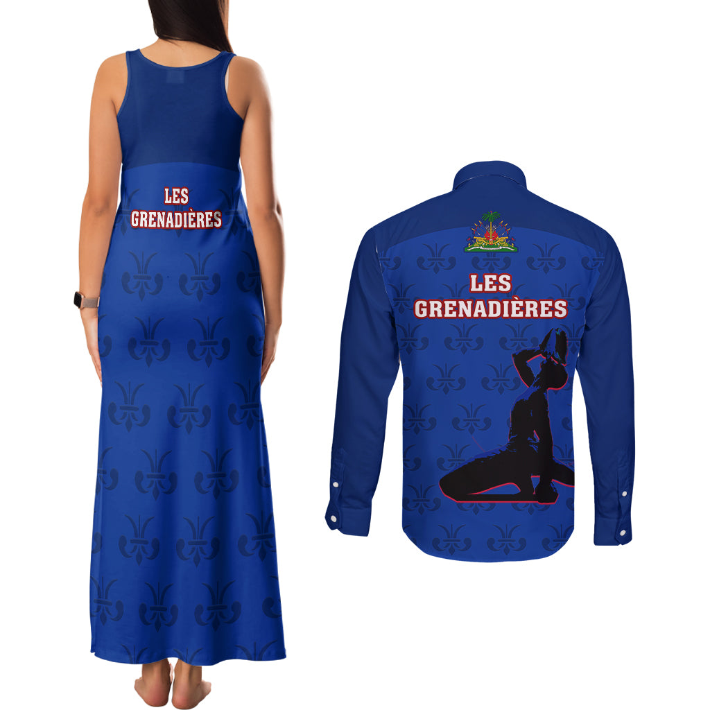 Haiti Football Couples Matching Tank Maxi Dress and Long Sleeve Button Shirts Les Grenadieres 2023 World Cup Blue Version - Wonder Print Shop