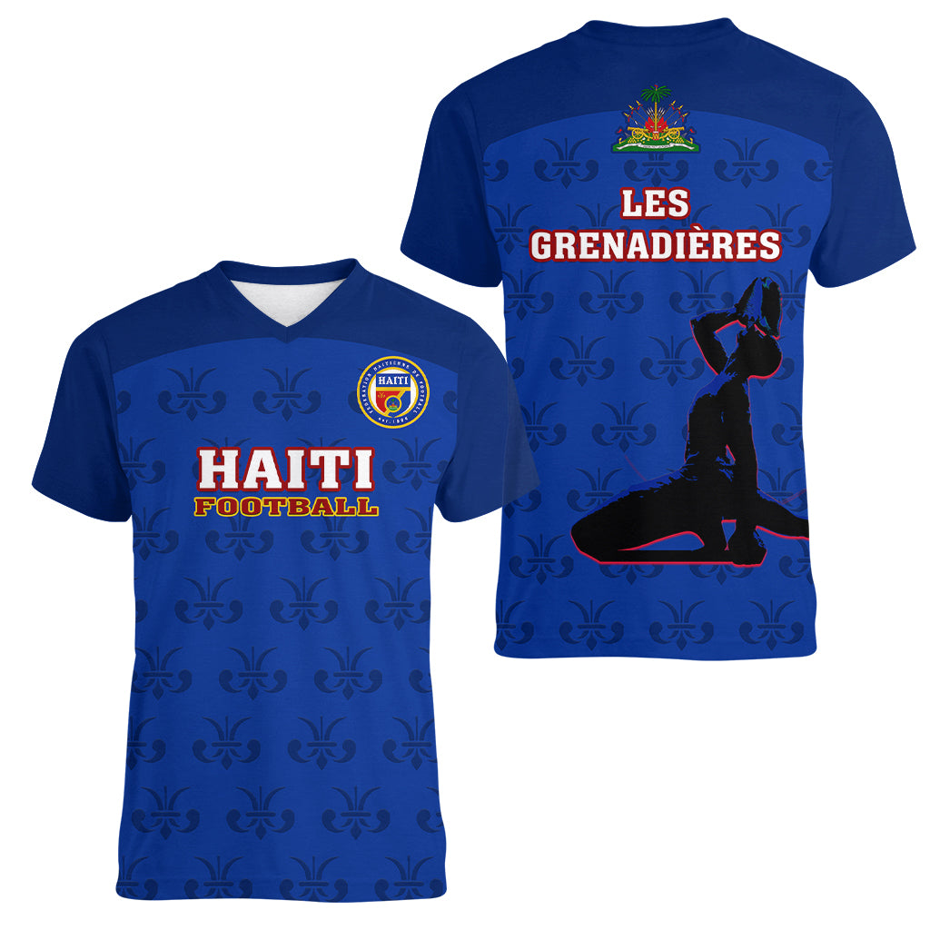 Haiti Football Women V Neck T Shirt Les Grenadieres 2023 World Cup Blue Version - Wonder Print Shop