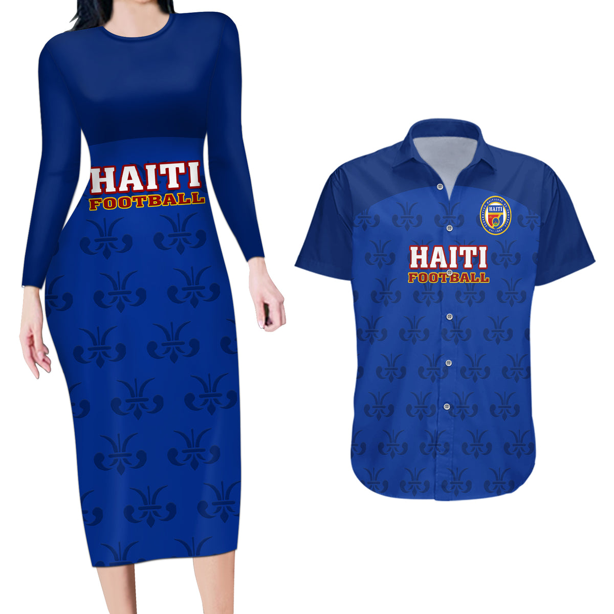 Custom Haiti Football Couples Matching Long Sleeve Bodycon Dress and Hawaiian Shirt Les Grenadieres 2023 World Cup Blue Version - Wonder Print Shop