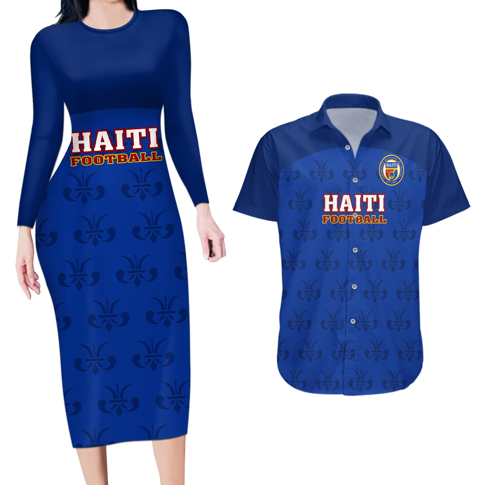 Custom Haiti Football Couples Matching Long Sleeve Bodycon Dress and Hawaiian Shirt Les Grenadieres 2023 World Cup Blue Version - Wonder Print Shop