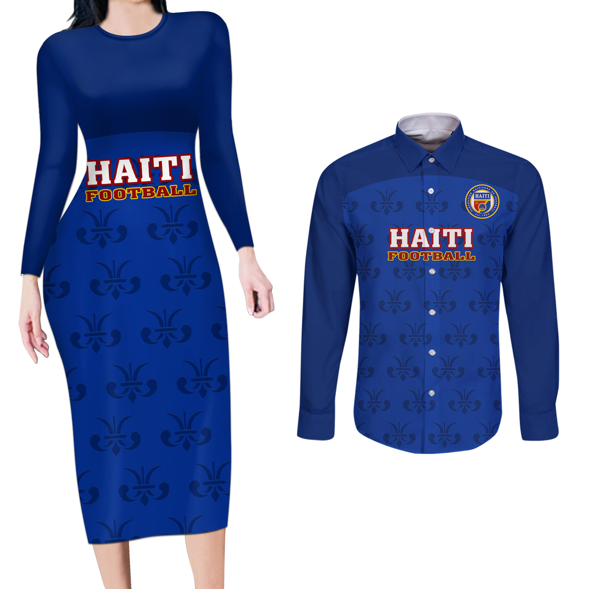 Custom Haiti Football Couples Matching Long Sleeve Bodycon Dress and Long Sleeve Button Shirts Les Grenadieres 2023 World Cup Blue Version - Wonder Print Shop