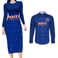 Custom Haiti Football Couples Matching Long Sleeve Bodycon Dress and Long Sleeve Button Shirts Les Grenadieres 2023 World Cup Blue Version - Wonder Print Shop