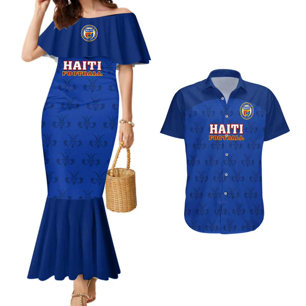 Custom Haiti Football Couples Matching Mermaid Dress And Hawaiian Shirt Les Grenadieres 2023 World Cup Blue Version - Wonder Print Shop