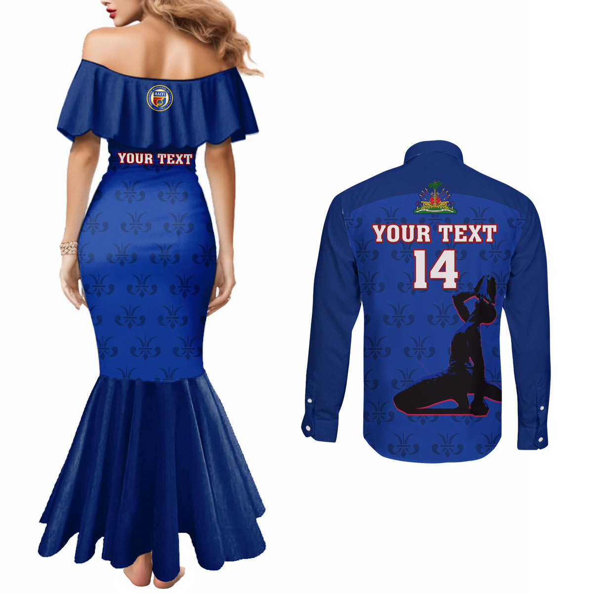 custom-haiti-football-couples-matching-mermaid-dress-and-long-sleeve-button-shirts-les-grenadieres-2023-world-cup-blue-version