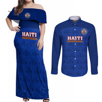 Custom Haiti Football Couples Matching Off Shoulder Maxi Dress and Long Sleeve Button Shirts Les Grenadieres 2023 World Cup Blue Version - Wonder Print Shop