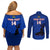 Custom Haiti Football Couples Matching Off Shoulder Short Dress and Long Sleeve Button Shirts Les Grenadieres 2023 World Cup Blue Version - Wonder Print Shop
