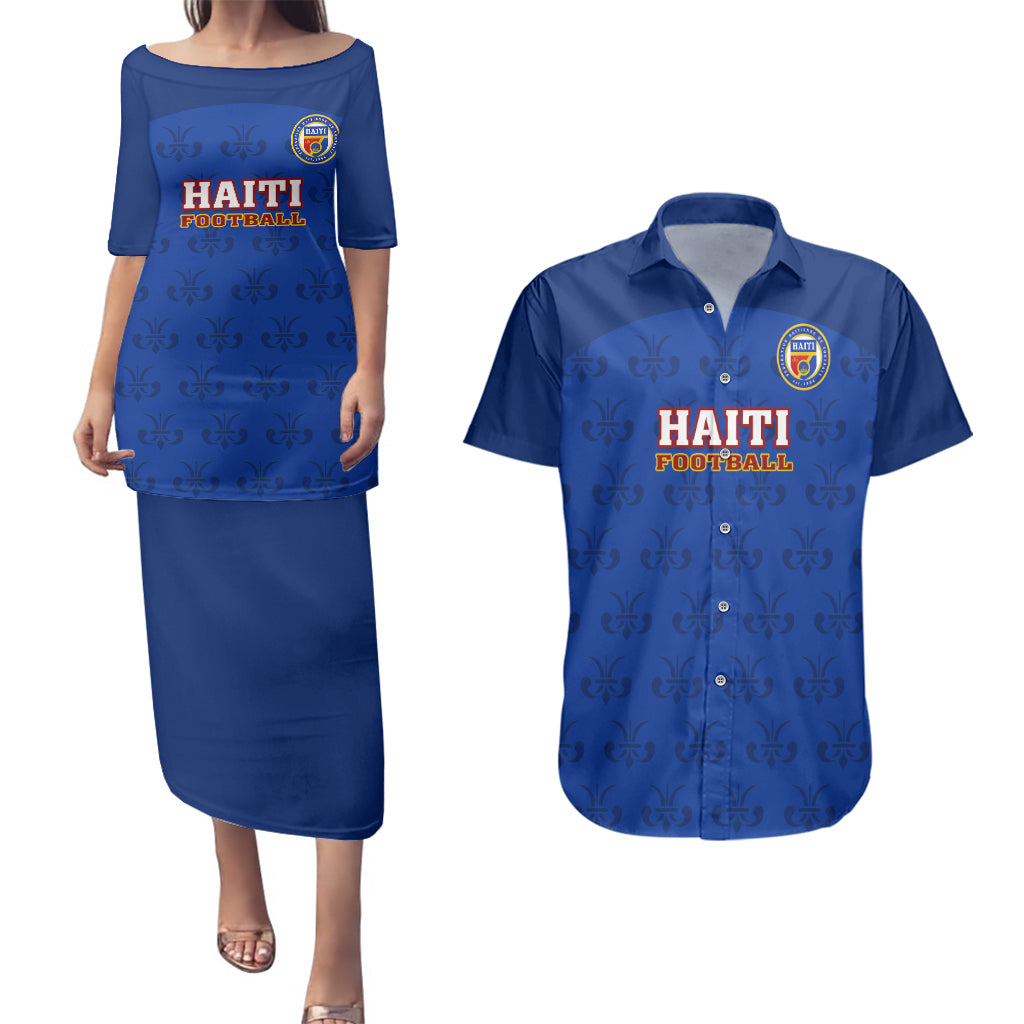 Custom Haiti Football Couples Matching Puletasi Dress and Hawaiian Shirt Les Grenadieres 2023 World Cup Blue Version - Wonder Print Shop