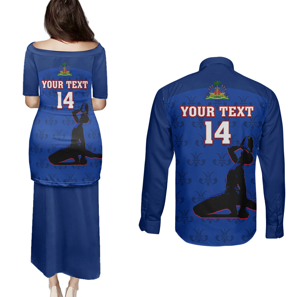 Custom Haiti Football Couples Matching Puletasi Dress and Long Sleeve Button Shirts Les Grenadieres 2023 World Cup Blue Version - Wonder Print Shop