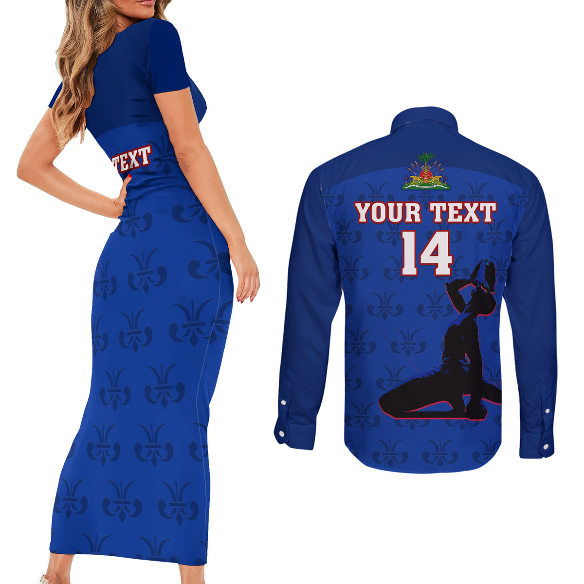 Custom Haiti Football Couples Matching Short Sleeve Bodycon Dress and Long Sleeve Button Shirts Les Grenadieres 2023 World Cup Blue Version - Wonder Print Shop