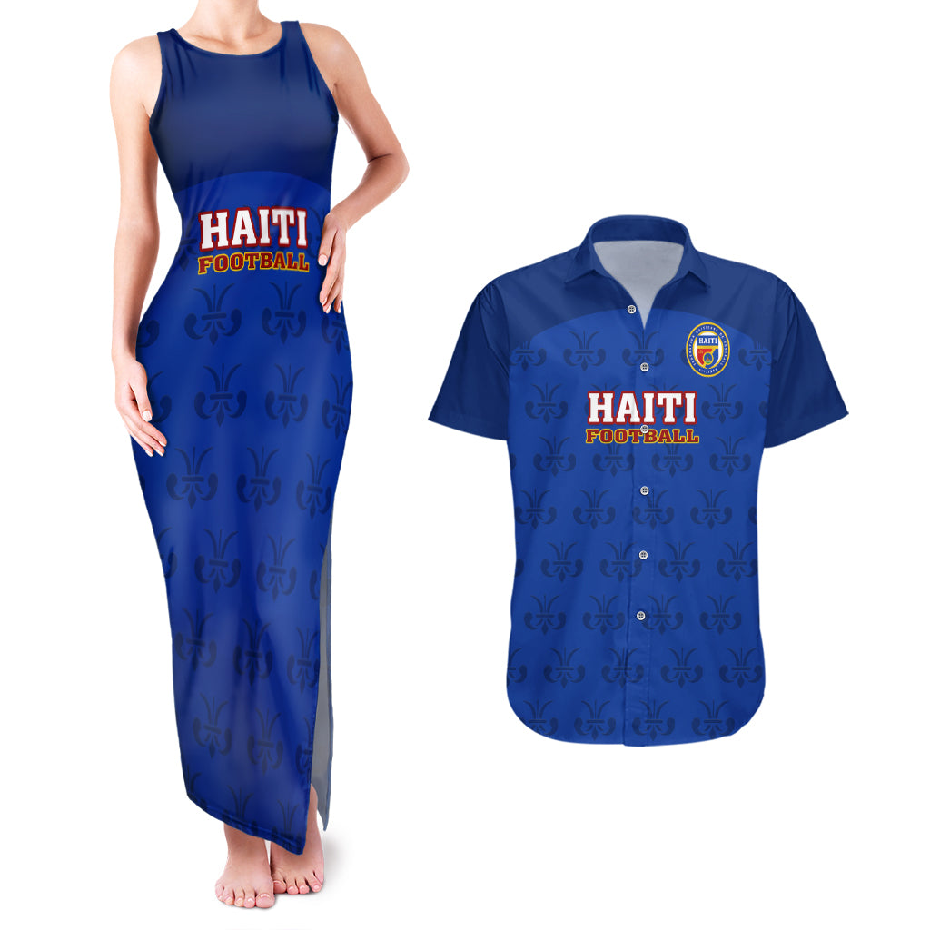 Custom Haiti Football Couples Matching Tank Maxi Dress And Hawaiian Shirt Les Grenadieres 2023 World Cup Blue Version - Wonder Print Shop