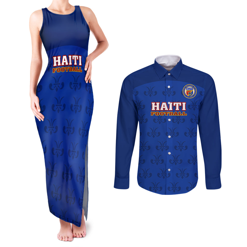 Custom Haiti Football Couples Matching Tank Maxi Dress and Long Sleeve Button Shirts Les Grenadieres 2023 World Cup Blue Version - Wonder Print Shop