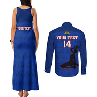 Custom Haiti Football Couples Matching Tank Maxi Dress and Long Sleeve Button Shirts Les Grenadieres 2023 World Cup Blue Version - Wonder Print Shop