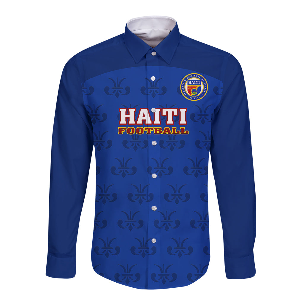 Custom Haiti Football Long Sleeve Button Shirt Les Grenadieres 2023 World Cup Blue Version - Wonder Print Shop