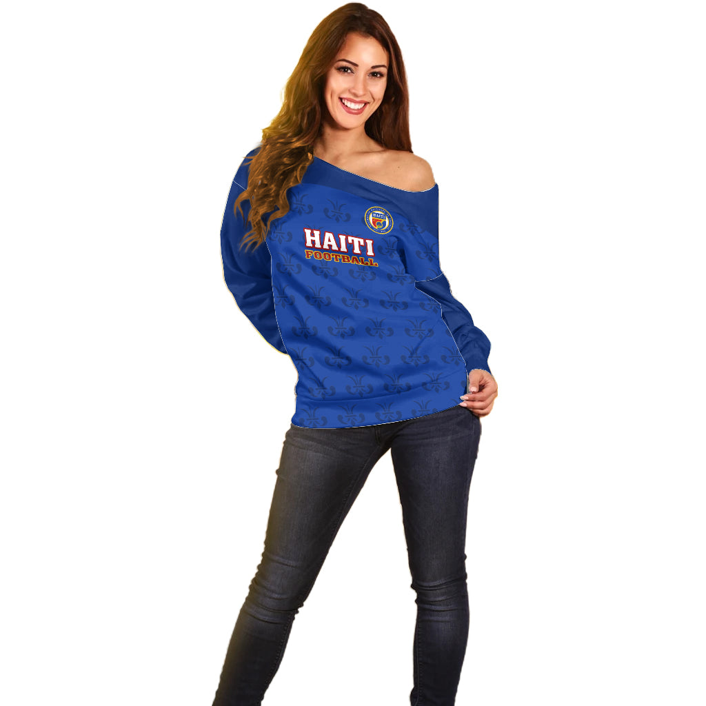 Custom Haiti Football Off Shoulder Sweater Les Grenadieres 2023 World Cup Blue Version - Wonder Print Shop