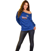 Custom Haiti Football Off Shoulder Sweater Les Grenadieres 2023 World Cup Blue Version - Wonder Print Shop