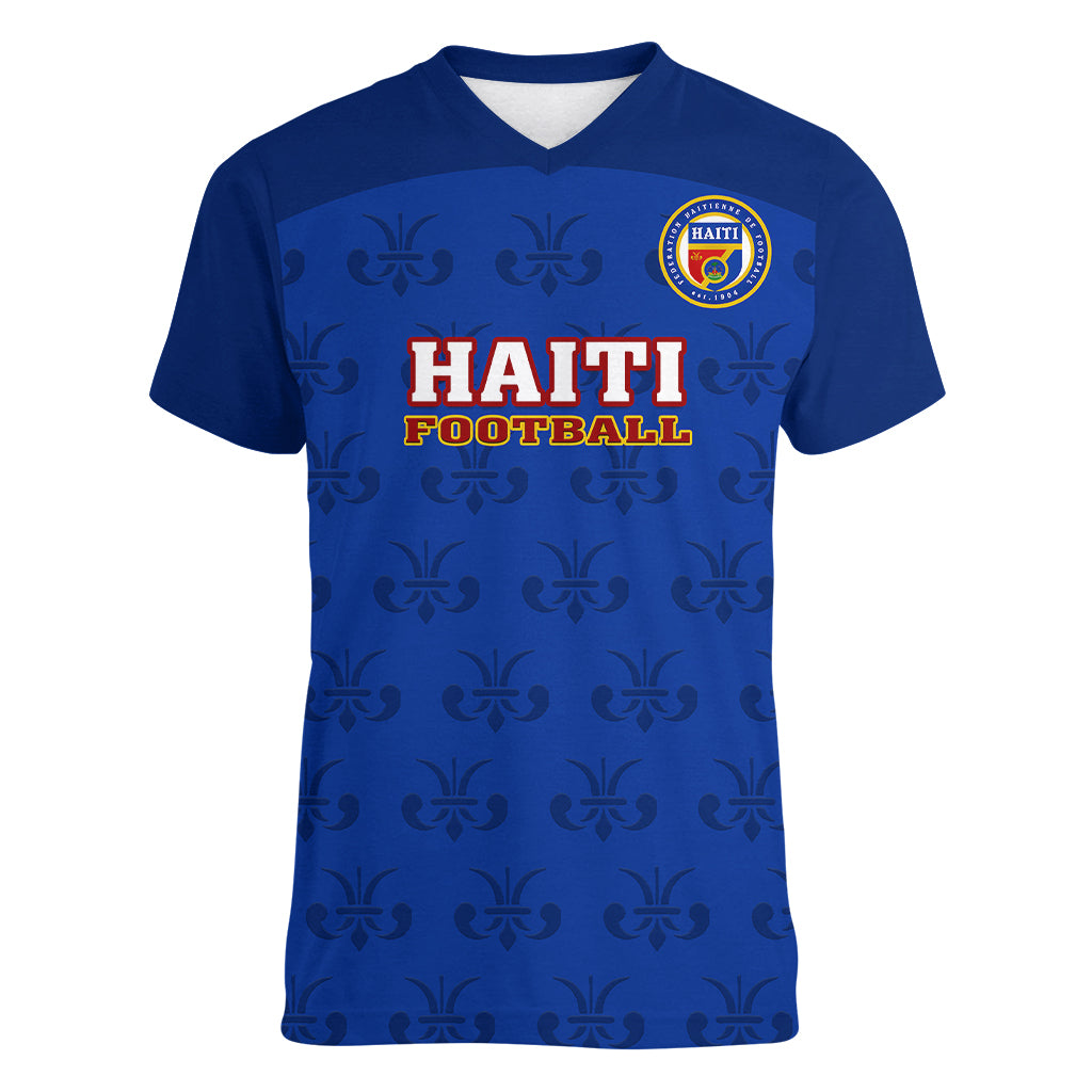 Custom Haiti Football Women V Neck T Shirt Les Grenadieres 2023 World Cup Blue Version - Wonder Print Shop