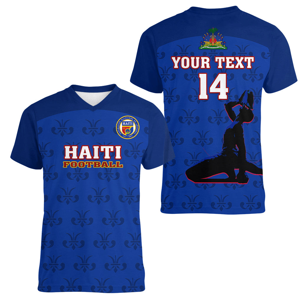 Custom Haiti Football Women V Neck T Shirt Les Grenadieres 2023 World Cup Blue Version - Wonder Print Shop