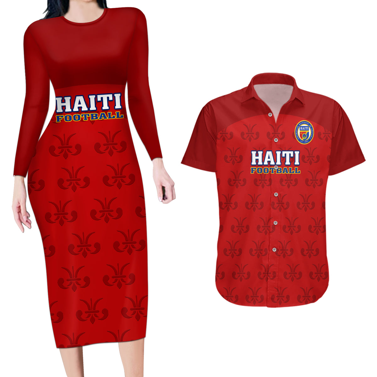 Haiti Football Couples Matching Long Sleeve Bodycon Dress and Hawaiian Shirt Les Grenadieres 2023 World Cup Red Version - Wonder Print Shop