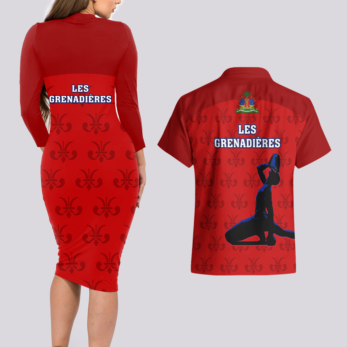 Haiti Football Couples Matching Long Sleeve Bodycon Dress and Hawaiian Shirt Les Grenadieres 2023 World Cup Red Version - Wonder Print Shop