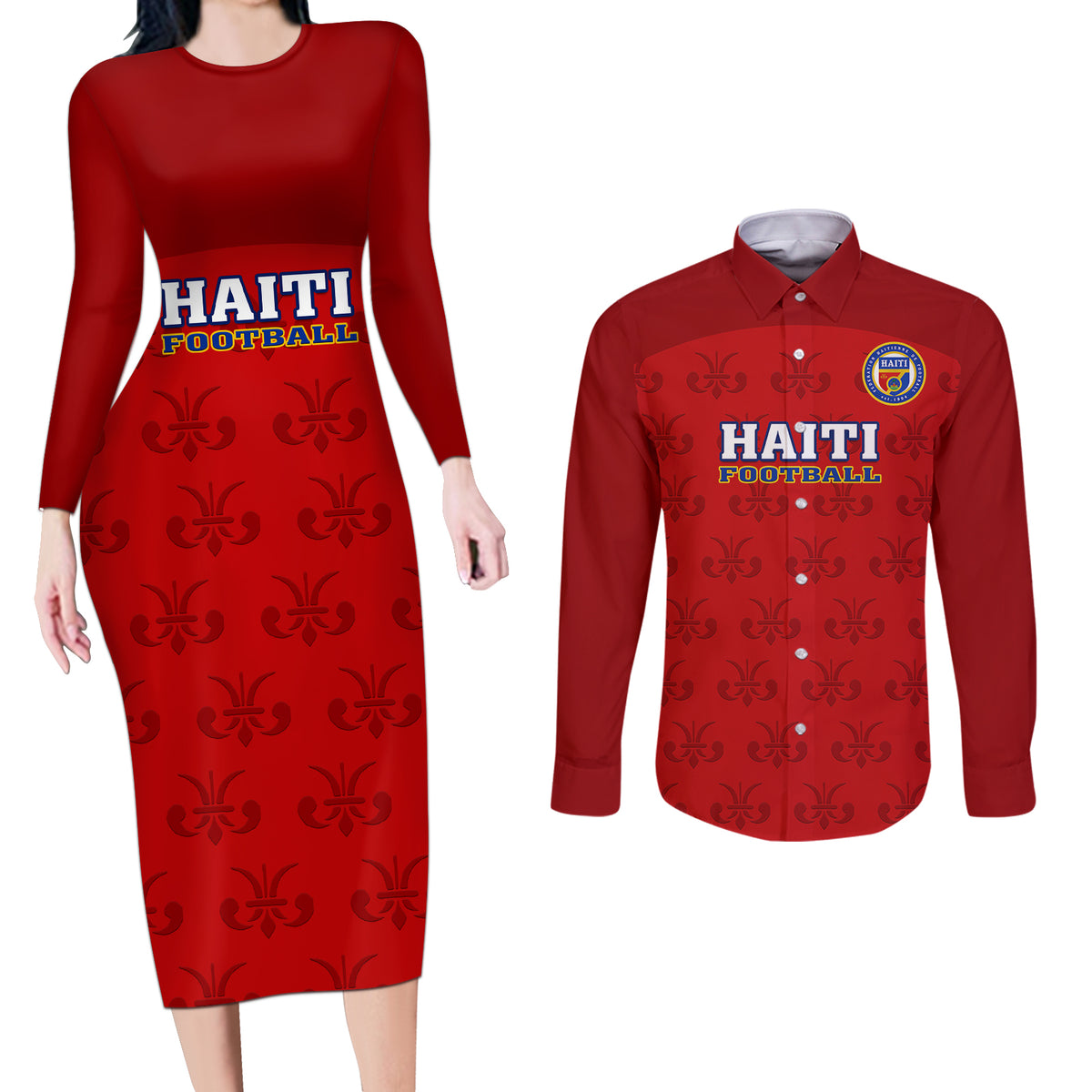 Haiti Football Couples Matching Long Sleeve Bodycon Dress and Long Sleeve Button Shirts Les Grenadieres 2023 World Cup Red Version - Wonder Print Shop
