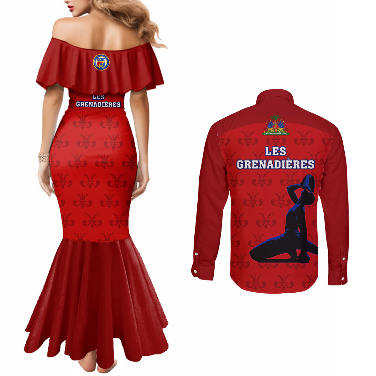 haiti-football-couples-matching-mermaid-dress-and-long-sleeve-button-shirts-les-grenadieres-2023-world-cup-red-version