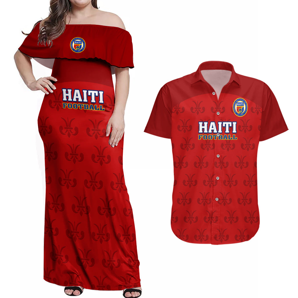Haiti Football Couples Matching Off Shoulder Maxi Dress and Hawaiian Shirt Les Grenadieres 2023 World Cup Red Version - Wonder Print Shop