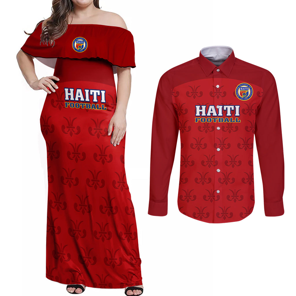 haiti-football-couples-matching-off-shoulder-maxi-dress-and-long-sleeve-button-shirts-les-grenadieres-2023-world-cup-red-version