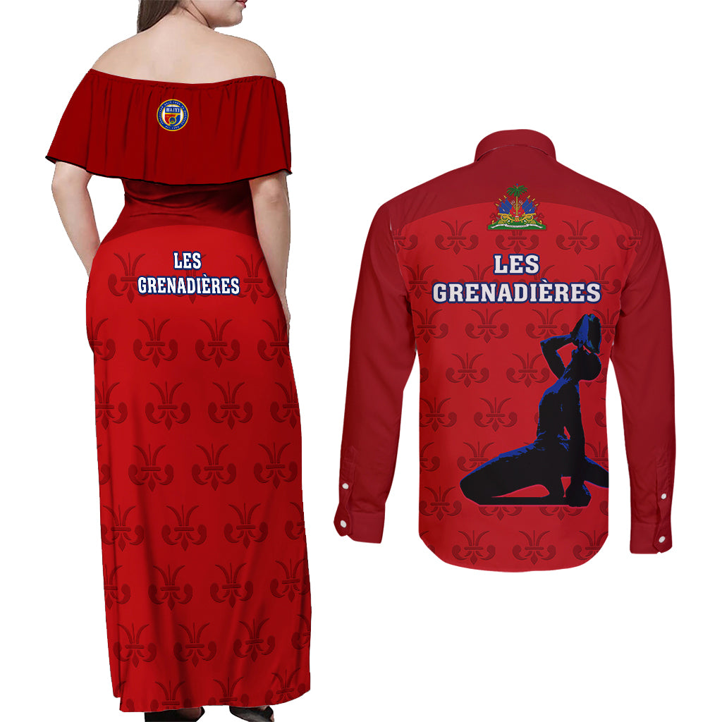 Haiti Football Couples Matching Off Shoulder Maxi Dress and Long Sleeve Button Shirts Les Grenadieres 2023 World Cup Red Version - Wonder Print Shop