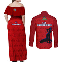 Haiti Football Couples Matching Off Shoulder Maxi Dress and Long Sleeve Button Shirts Les Grenadieres 2023 World Cup Red Version - Wonder Print Shop