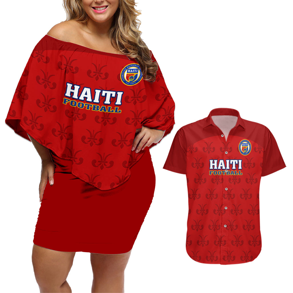 Haiti Football Couples Matching Off Shoulder Short Dress and Hawaiian Shirt Les Grenadieres 2023 World Cup Red Version - Wonder Print Shop