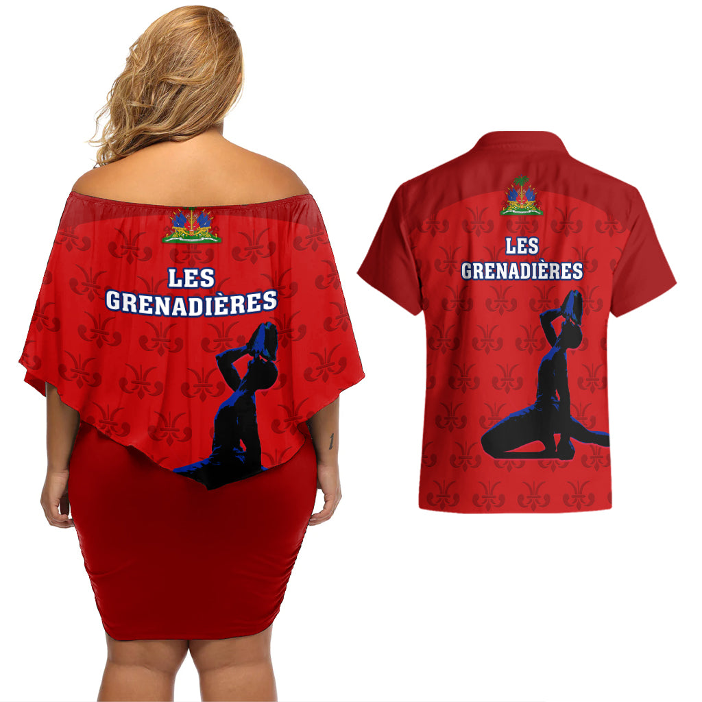 Haiti Football Couples Matching Off Shoulder Short Dress and Hawaiian Shirt Les Grenadieres 2023 World Cup Red Version - Wonder Print Shop