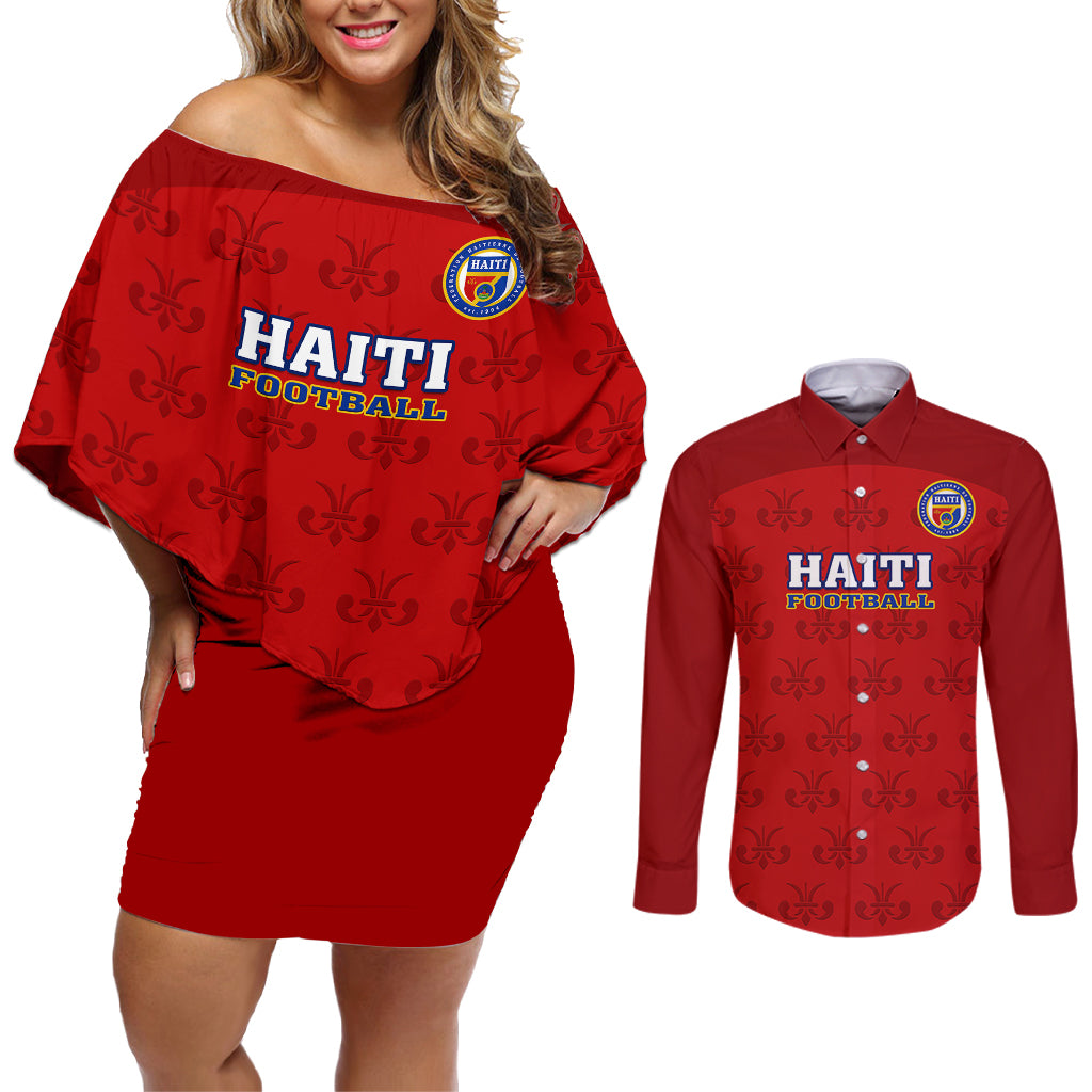 haiti-football-couples-matching-off-shoulder-short-dress-and-long-sleeve-button-shirts-les-grenadieres-2023-world-cup-red-version