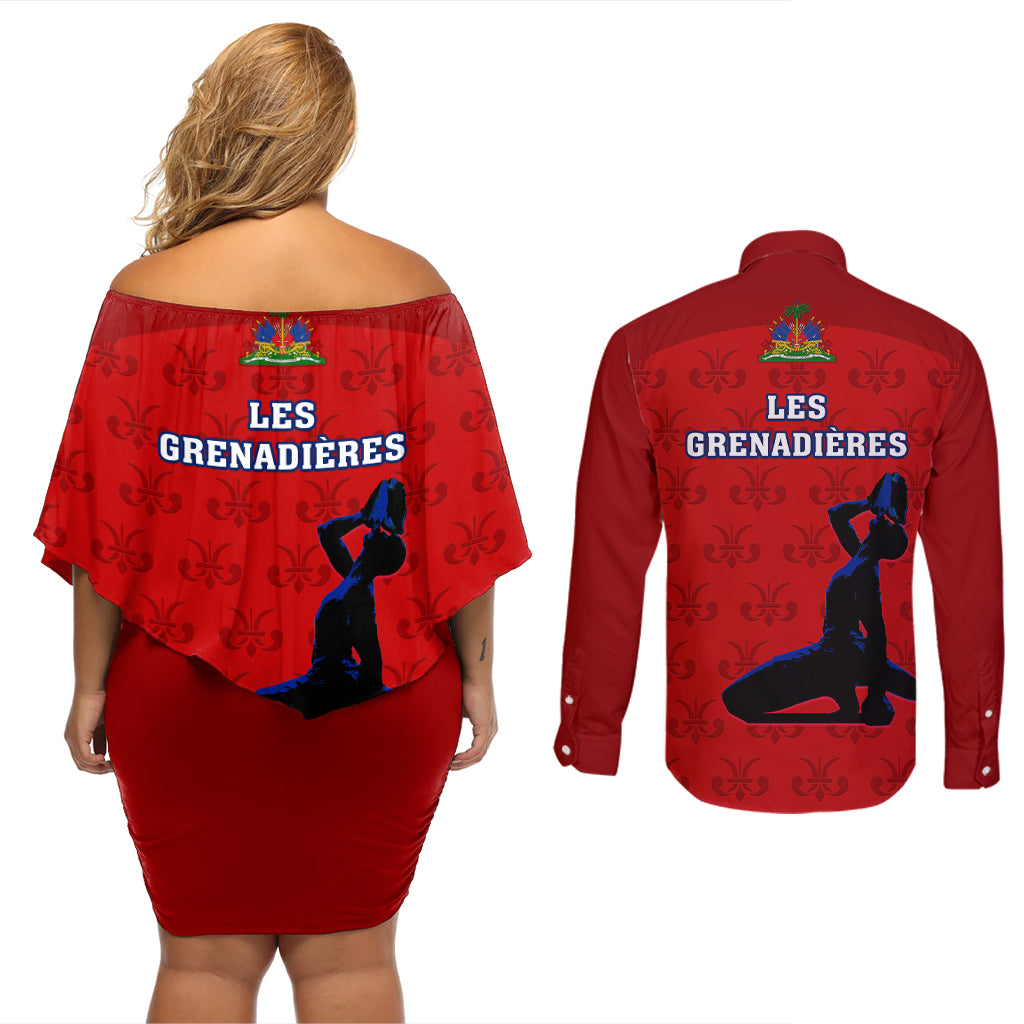 Haiti Football Couples Matching Off Shoulder Short Dress and Long Sleeve Button Shirts Les Grenadieres 2023 World Cup Red Version - Wonder Print Shop