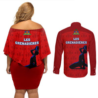 Haiti Football Couples Matching Off Shoulder Short Dress and Long Sleeve Button Shirts Les Grenadieres 2023 World Cup Red Version - Wonder Print Shop