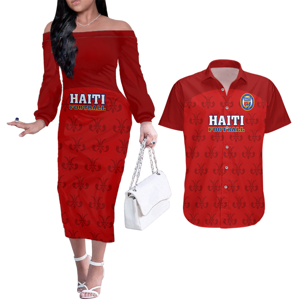 haiti-football-couples-matching-off-the-shoulder-long-sleeve-dress-and-hawaiian-shirt-les-grenadieres-2023-world-cup-red-version