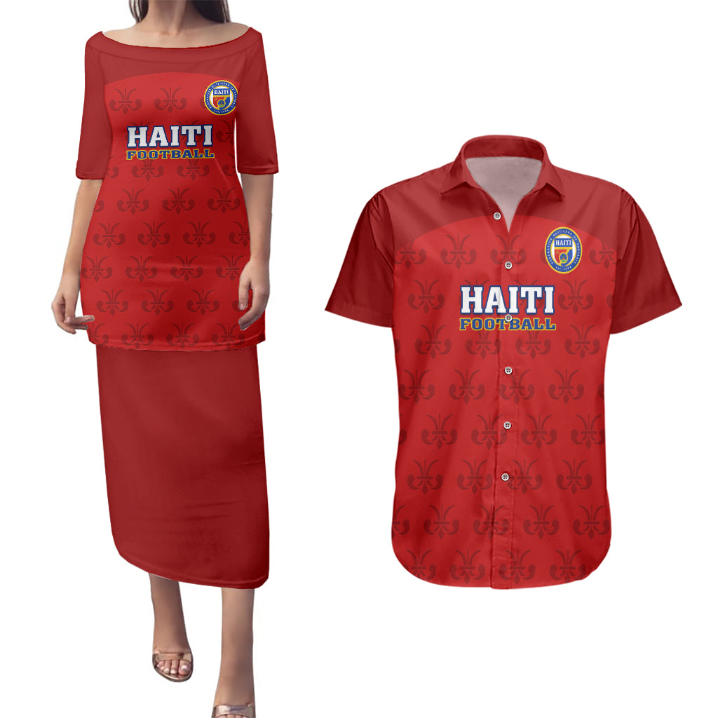 haiti-football-couples-matching-puletasi-dress-and-hawaiian-shirt-les-grenadieres-2023-world-cup-red-version