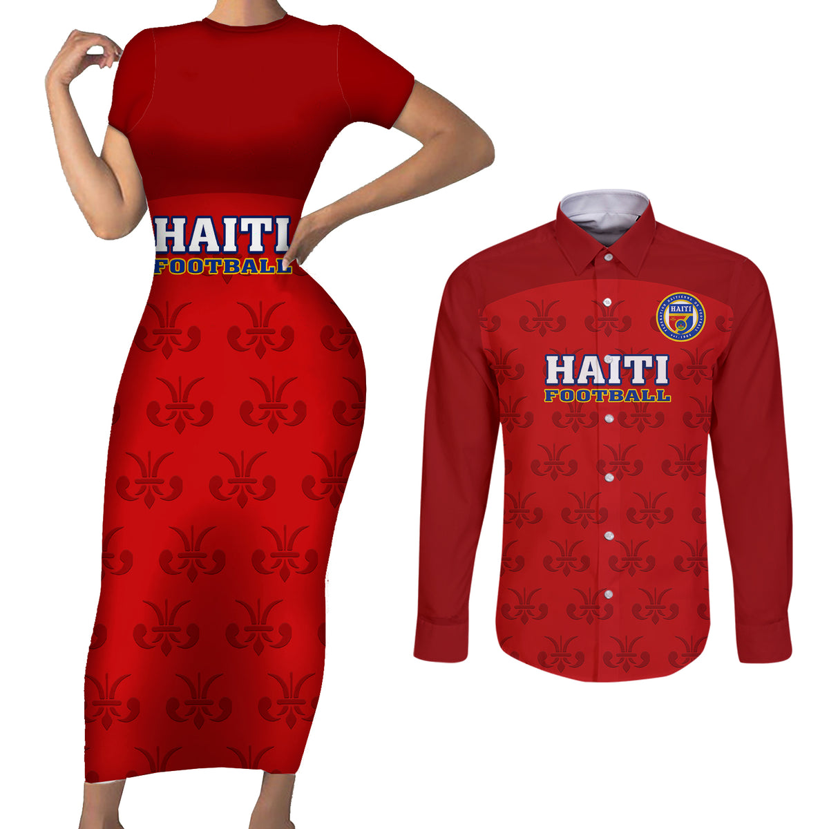 Haiti Football Couples Matching Short Sleeve Bodycon Dress and Long Sleeve Button Shirts Les Grenadieres 2023 World Cup Red Version - Wonder Print Shop