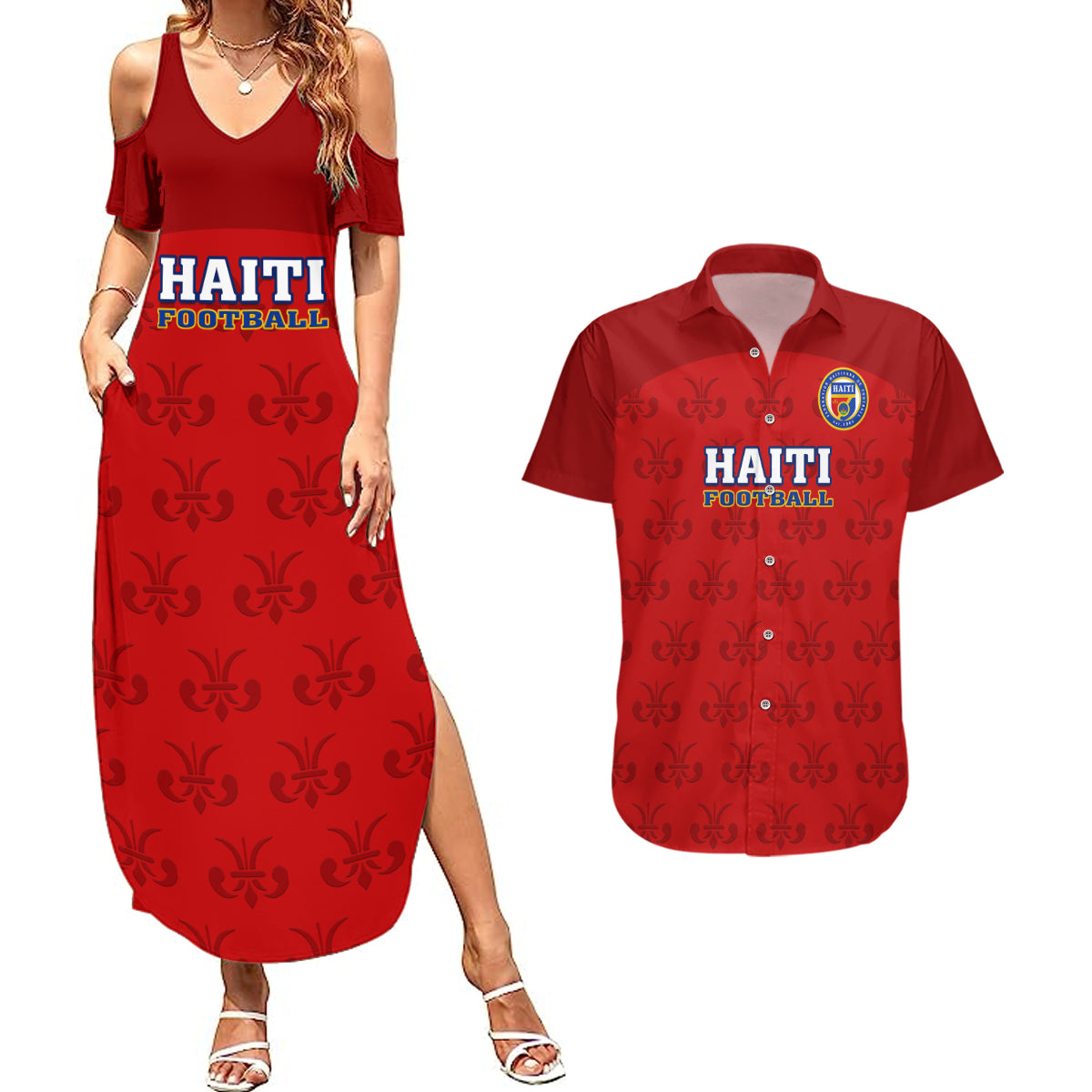 haiti-football-couples-matching-summer-maxi-dress-and-hawaiian-shirt-les-grenadieres-2023-world-cup-red-version