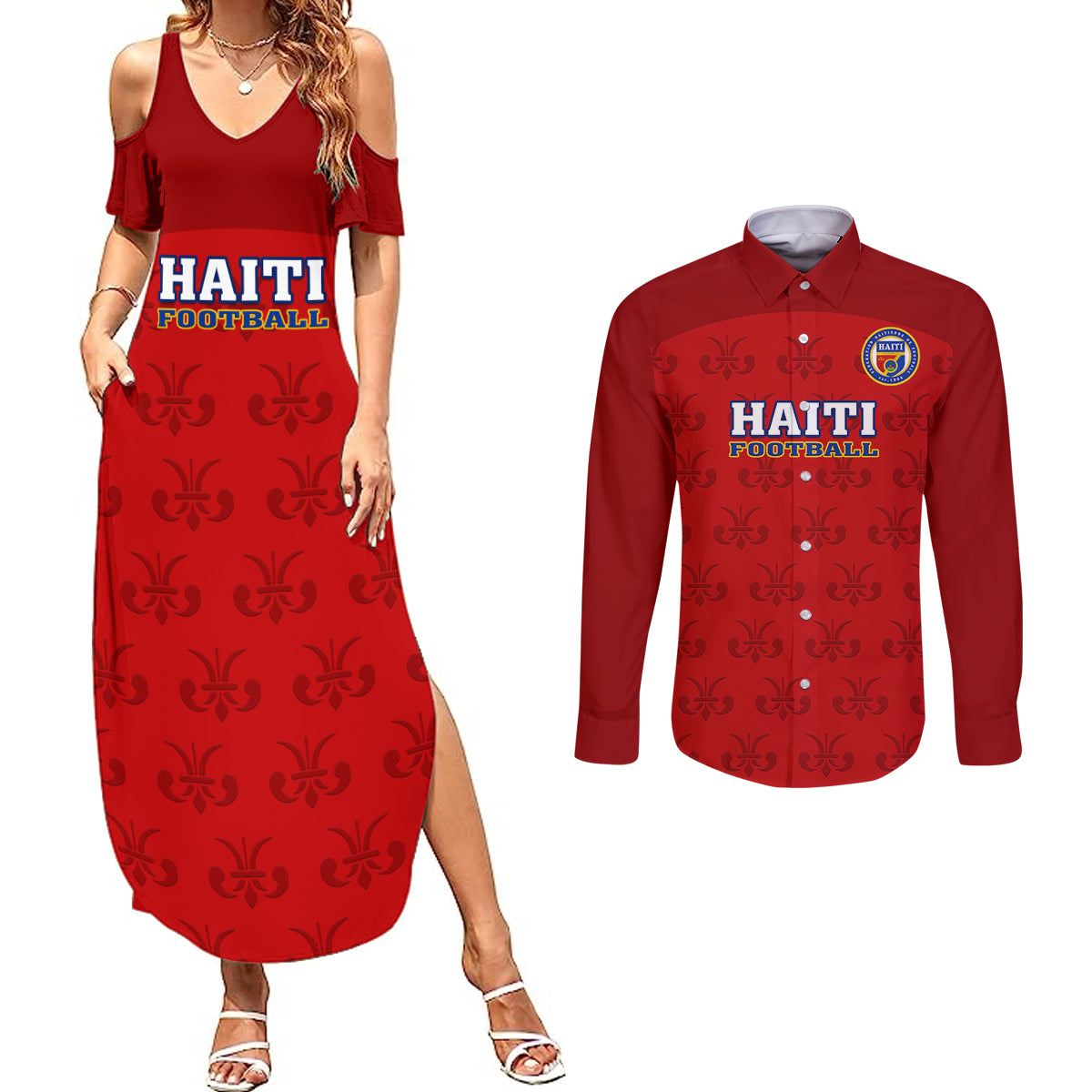Haiti Football Couples Matching Summer Maxi Dress and Long Sleeve Button Shirts Les Grenadieres 2023 World Cup Red Version - Wonder Print Shop