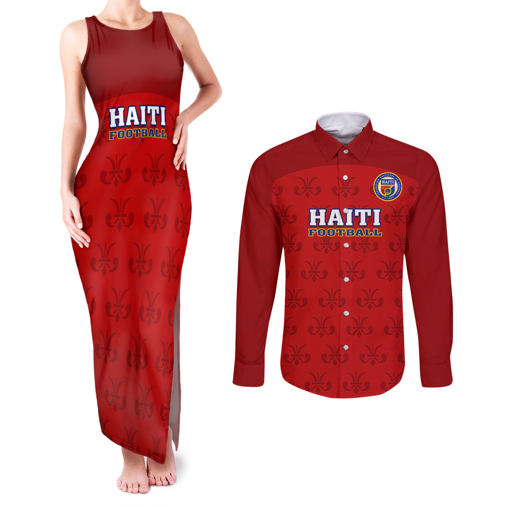 Haiti Football Couples Matching Tank Maxi Dress and Long Sleeve Button Shirts Les Grenadieres 2023 World Cup Red Version - Wonder Print Shop