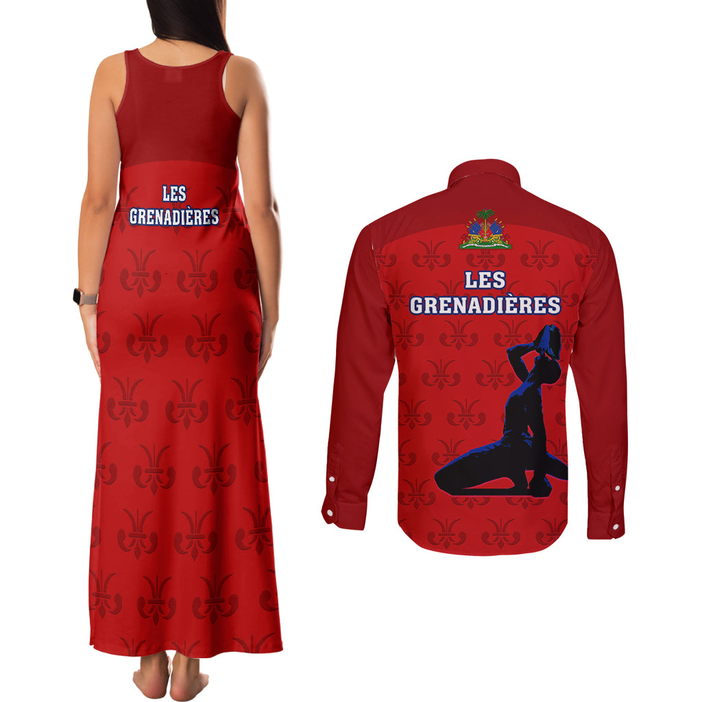 Haiti Football Couples Matching Tank Maxi Dress and Long Sleeve Button Shirts Les Grenadieres 2023 World Cup Red Version - Wonder Print Shop