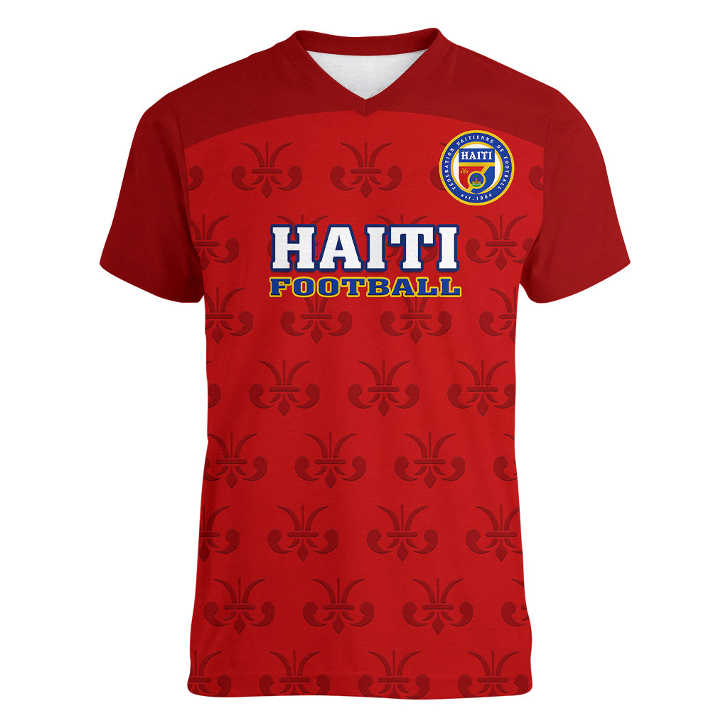 Haiti Football Women V Neck T Shirt Les Grenadieres 2023 World Cup Red Version - Wonder Print Shop
