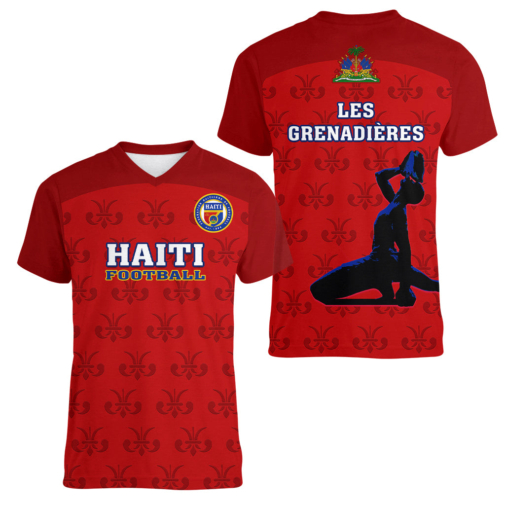 Haiti Football Women V Neck T Shirt Les Grenadieres 2023 World Cup Red Version - Wonder Print Shop