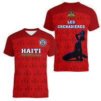 Haiti Football Women V Neck T Shirt Les Grenadieres 2023 World Cup Red Version - Wonder Print Shop