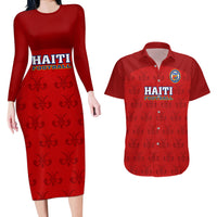 Custom Haiti Football Couples Matching Long Sleeve Bodycon Dress and Hawaiian Shirt Les Grenadieres 2023 World Cup Red Version - Wonder Print Shop