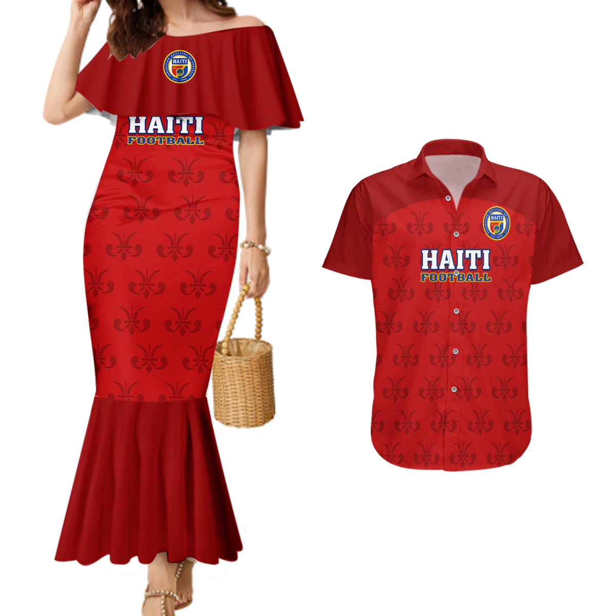 custom-haiti-football-couples-matching-mermaid-dress-and-hawaiian-shirt-les-grenadieres-2023-world-cup-red-version