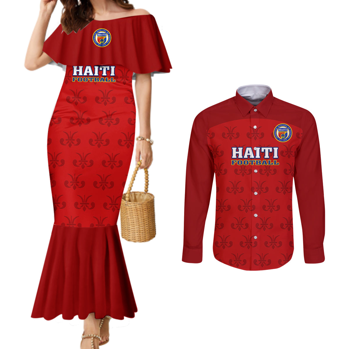 custom-haiti-football-couples-matching-mermaid-dress-and-long-sleeve-button-shirts-les-grenadieres-2023-world-cup-red-version