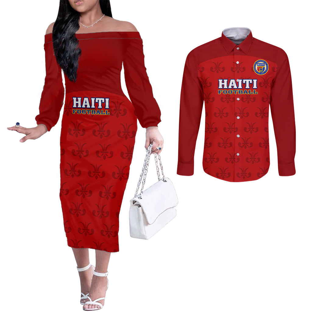 custom-haiti-football-couples-matching-off-the-shoulder-long-sleeve-dress-and-long-sleeve-button-shirts-les-grenadieres-2023-world-cup-red-version
